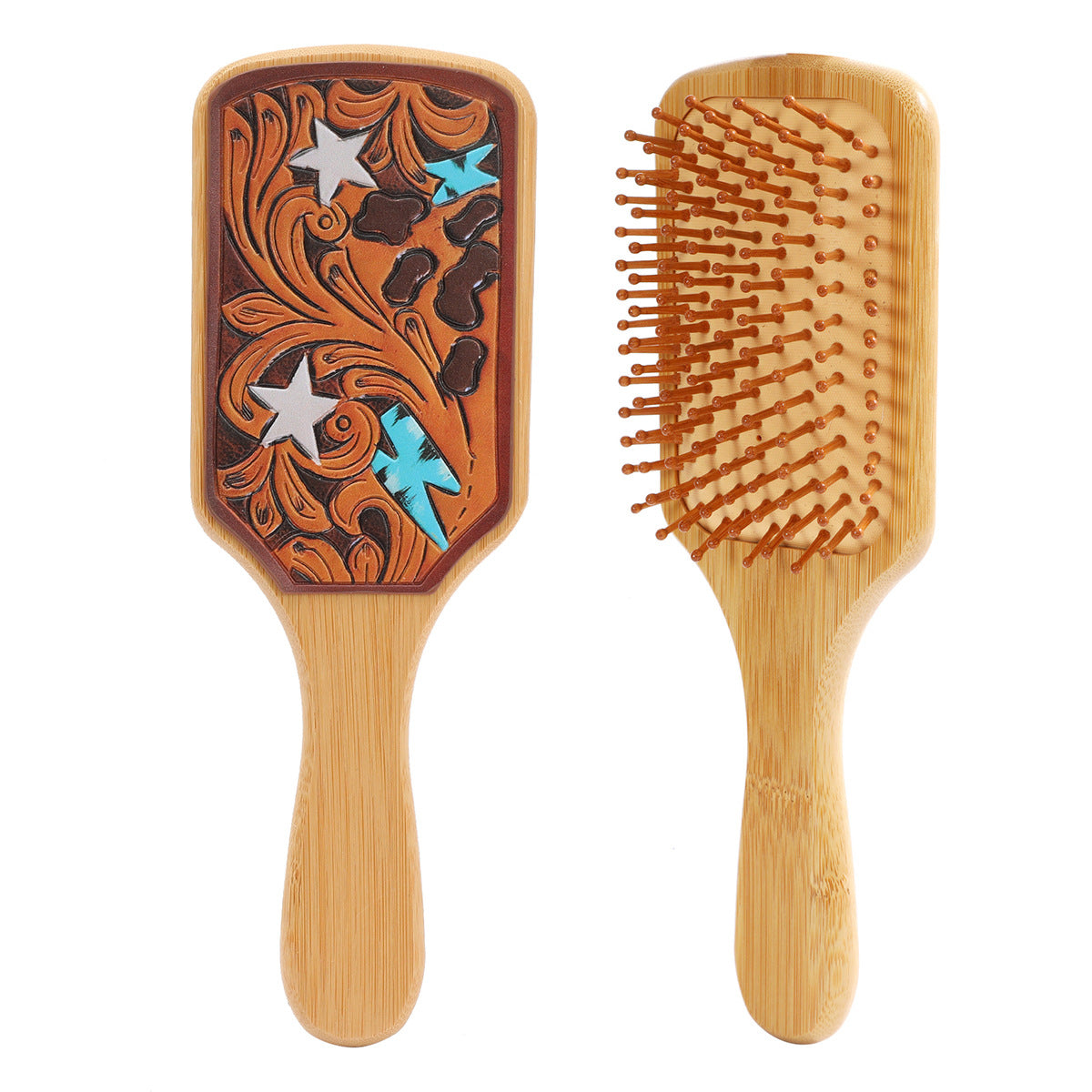 Wholesale Bamboo Real Leather Cow Retro Western Cowboy Style Air Cushion Comb Airbag Comb Meridian Massage Comb Hairdressing Comb